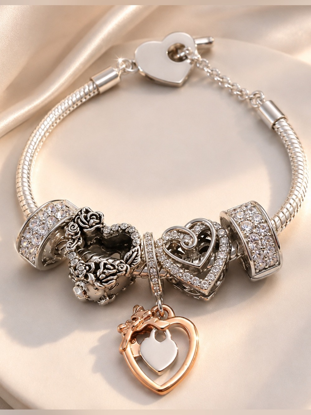 20 Silver Rose Heart Charm Bracelet 🌹💕